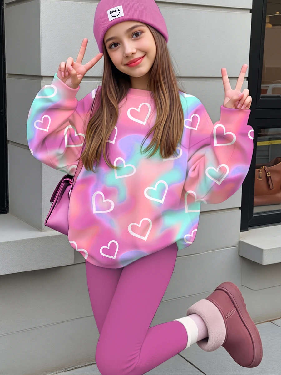 青少年女孩休閒極簡甜美可愛波點愛心漸層紮染粉色圓領長袖衛衣與內搭褲2件套,適合秋冬,舒適秋季與冬季風格,情人節,卡哇伊,慵懶,Y2K - 白色 - 查看 1