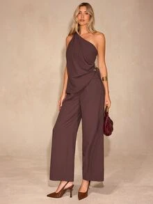 Enchnt Women's Solid Color One-Shoulder Top And Long Pants Casual Daily Set - Brown - View 1