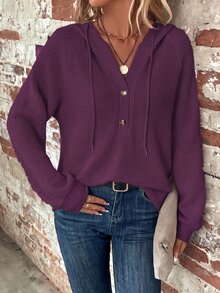 SHEIN Clasi Plus Size Women's Solid Color Raglan Long Sleeve Button Half-Placket Drawstring Hooded Sweatshirt Fall - Purple - View 1