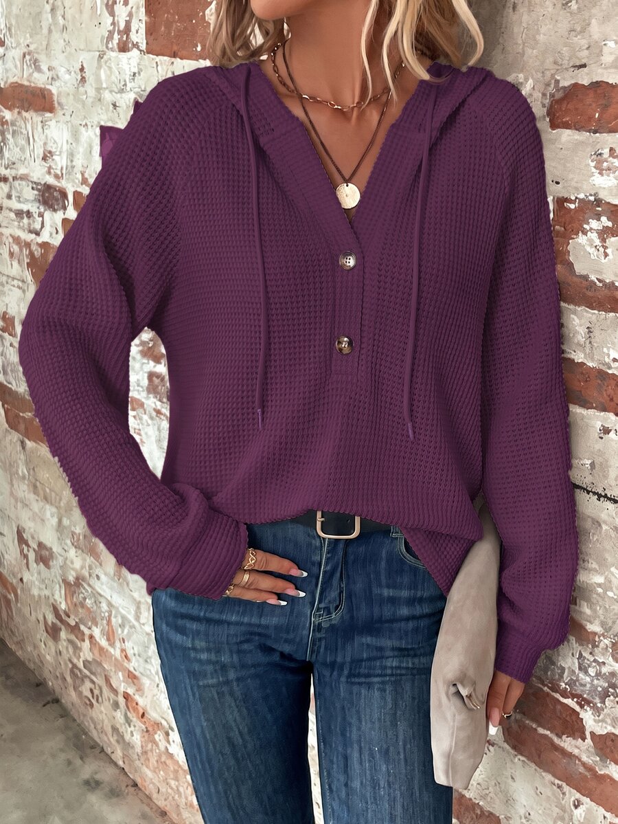 SHEIN Clasi Plus Size Women's Solid Color Raglan Long Sleeve Button Half-Placket Drawstring Hooded Sweatshirt Fall - Purple - View 1
