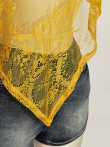 SHEIN ICON 女款大尺碼蕾絲不對稱下擺罩衫上衣 - 黃色 - 查看 7