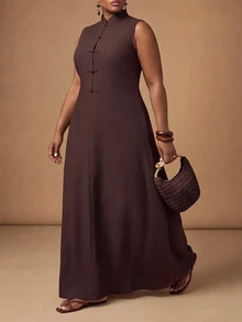 Zivah Plus Size Elegant Fashion Frog Button Dress Street Style - Brown - View 9