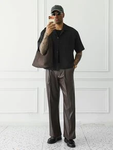 HUEFORM Kemeja Kancing Depan Kasual Saku Ukuran Besar Pria, Streetwear, Formal - Hitam - View 5