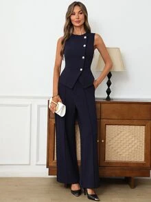 EMERY ROSE Women's Elegant Button Vest And Pocket Pants Business Suit Set - Navy Blue - View 5