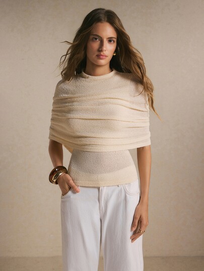 Poéselle Women's Ivory Layered Cape Knit Top – Elegant Crew-Neck Short-Sleeve Textured Sweater With Draped Overlay Going Out Tops Fall/Winter Butter Yellow Top