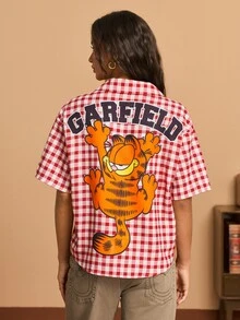 GARFIELD | SHEIN Women's Plaid Letter Cartoon Print Casual Daily Shirt - Red and White - View 1