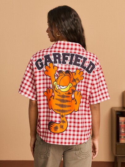 GARFIELD | SHEIN Women's Plaid Letter Cartoon Print Casual Daily Shirt