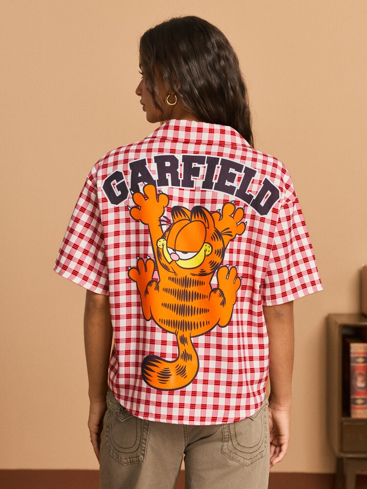 GARFIELD | SHEIN 女款格紋字母卡通印花休閒日常襯衫 - 紅白色 - 查看 3