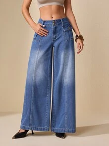 Selenza Celana Jeans Denim Kasual Longgar Kaki Lebar dengan Desain Saku untuk Wanita - Biru - View 5