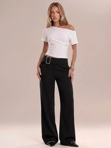 Avantive Women's Waist Buckle Design Straight Leg Loose Fit Long Pants Office Work Business Black Fall Casual - Black - View 7