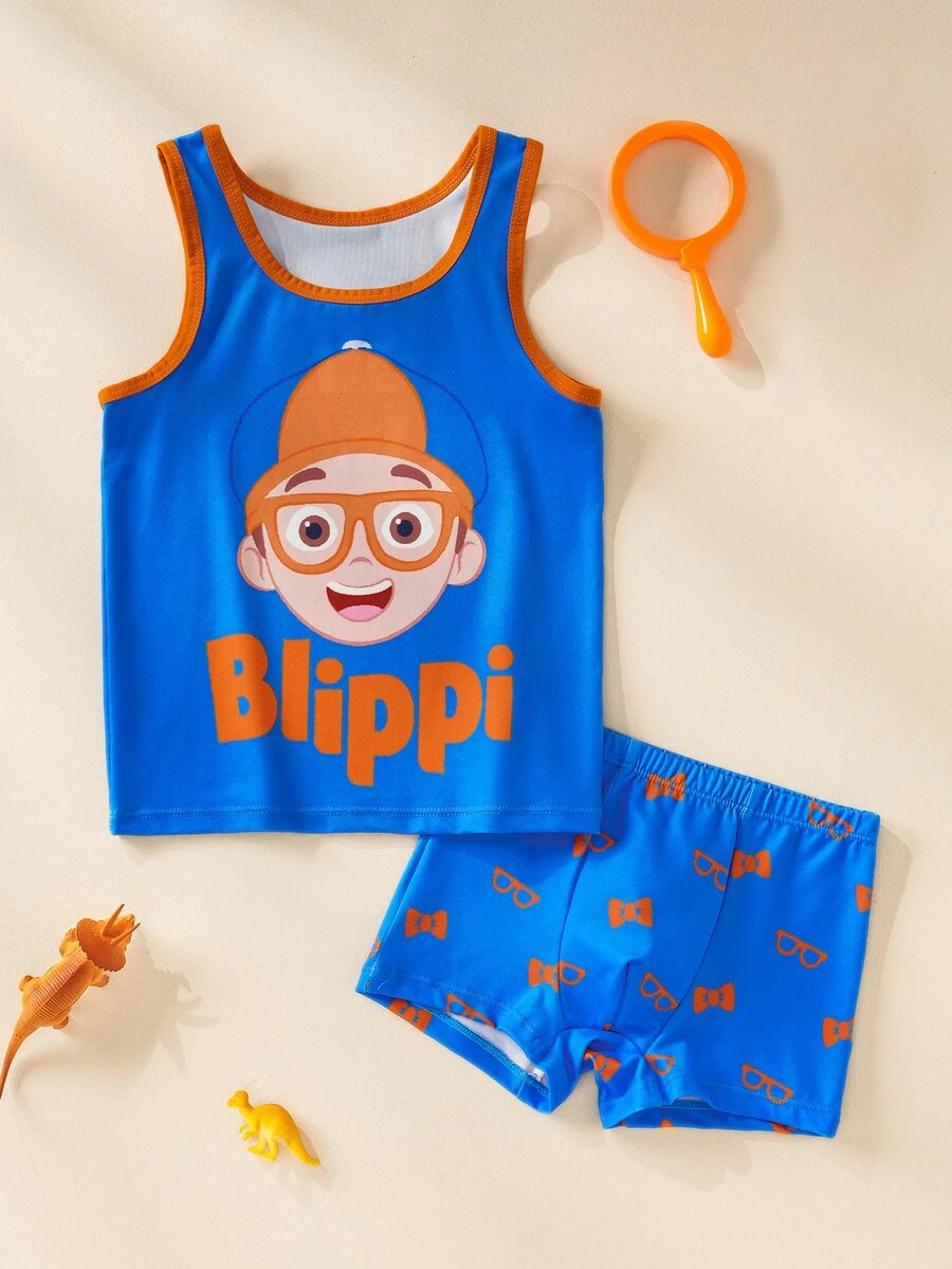 Blippi X SHEIN Set Pakaian Dalam Tank Top dan Celana Pendek Motif Kartun untuk Anak Laki-Laki - Biru - View 1