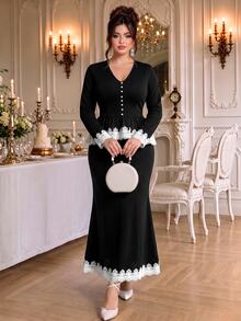 Roveilla Plus Size Women's New V-Neck Design Long Sleeve Blouse With Cuff Lace Patchwork + Fitted Mermaid Hem Skirt With Lace Patchwork And Color Block, Elegant Two Pieces Set, Fashion Two Pieces Set, Elegant Two Pieces Set, Daily Wear, Party And Other Occasions - Black and White - View 5