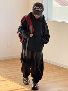 SHEIN 兒童青少年男孩休閒韓系寬鬆布料圓領運動衫，適合通勤、上學、日常休閒外出、運動，秋冬穿著 - 黑色 - 查看 4