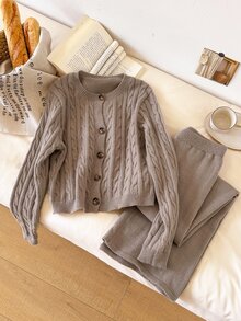 CosyJoli Women's Solid Color Long Sleeve Top And Pants Knit Two Pieces Set - Apricot - View 3