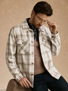 Core Aspect 男士格紋長袖單排扣休閒工裝口袋夾克，秋冬法蘭絨外套，送給男友與丈夫的完美節日禮物 - 彩色 - 查看 3