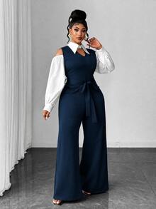 Maweii Plus Size Women's Sexy Jumpsuit, Black & White Colorblock, Commute Daily Office Wear, Shirt Collar, V-Neck Design, Waist Tie, Dropped Shoulder, Cutout Detail - Navy Blue - View 4