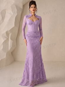 Coutiva 女款蕾絲長款正式晚禮服（精緻設計） - 淡紫色 - 查看 4