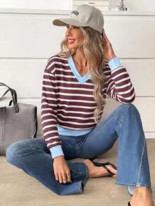 Easowa Women's Street Casual Striped Colorblock Long Sleeve T-Shirt - Brown - View 5
