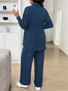 SHEIN Maternity Solid Color Long Sleeve Top And Adjustable Waist Long Pants 2 Pieces Set Fall - Navy Blue - View 2