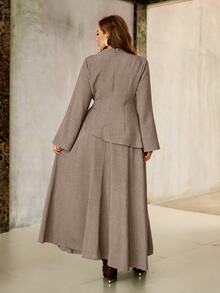 Roveilla Plus Size Autumn Long Sleeve Khaki Casual Lazy Vintage Top & Skirt 2 Pieces Set For Commute Fall - Brown - View 2