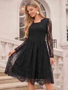 Amorya Women's Lace Patchwork Pleated Casual Party Mid-Length Dress - Black - View 1