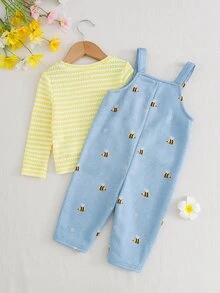 Cozy Pixies Baby Girls Jumpsuits Knit Striped Top & 3D Floral Overall Pants 2 Pieces Set - Multicolor - View 2
