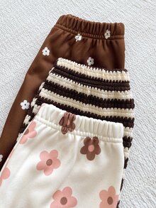Vintaside Kids 3套幼童女童連帽外套+長褲，可愛棕色粉色花卉條紋花朵貼布長袖連帽加厚毛絨款，適合假日戶外秋冬聖誕穿著 - 彩色 - 查看 8