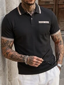 Manfinity CasualCool 男士拼色休閒日常短袖 Polo 衫 - 黑色 - 查看 4