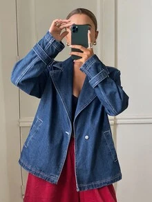 DAZY Women's Blazer Style Casual Denim Jacket - Medium Wash - View 2