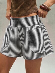 Bohemela Women's Striped Pocket Design Loose Casual Shorts - Black and White - View 1