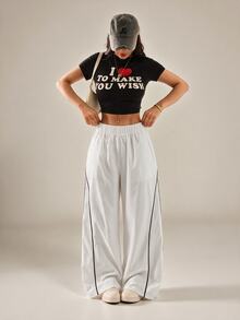 SHEIN PETITE Women's Autumn/Winter Street Style Vintage Holiday Outing Back To School Basic Black Wide Leg Pants, Essential For Daily Wear - White - View 9
