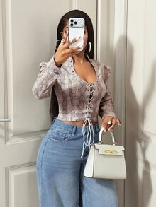 BamGleam Women's Snake Print Eyelet Tie Design Long Sleeve Denim Top - Multicolor - View 6