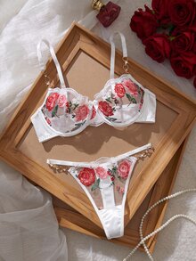 SHEIN 2pcs Women's Lingerie Set, Embroidered Underwire Bra And Panties - Multicolor - View 3
