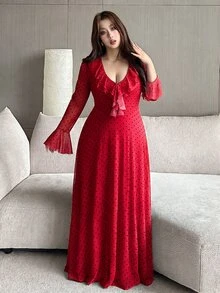 Vibekara Plus Size Women's V-Neck Flared Sleeve Party Office Sweet Sexy Dress With Ruffles And Polka Fall - Multicolor - View 8