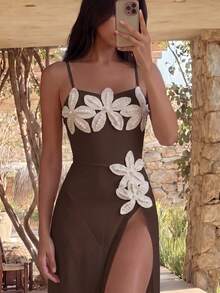 Swim Vcay Spring/Summer Girls Vacation Influencer Solid Color Starfish Design One-Piece Swimsuit With Beach Cover-Up Set - Brown - View 4