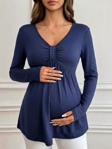 DAZY Solid Color Loose Hem Long Sleeve V-Neck Elegant Vacation Spring/Autumn Maternity T-Shirt - Blue - View 2