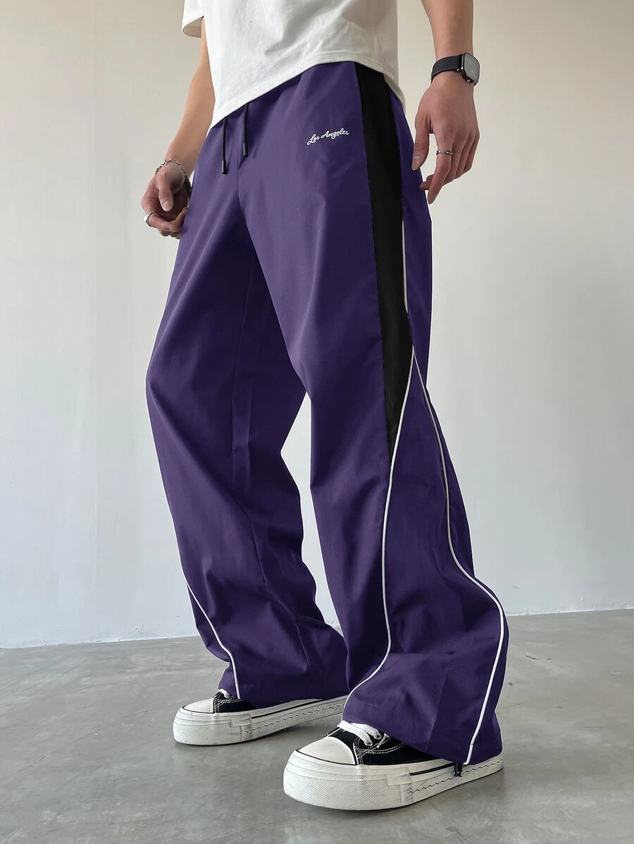 Manfinity EMRG Men's Casual Colorblock Drawstring Straight Leg Pants, Loose Long Patchwork Black Straight Leg Sweatpants For Outdoor - Purple - View 1