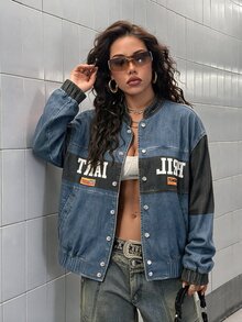 StreetHx Denim Contrast Color Motorcycle Print Baseball Jacket, Stand Collar, Front Panel Digital Positioned Print, Elastic Cuffs And Hem, Loose Fit Street Casual Flight Jacket - Multicolor - View 3