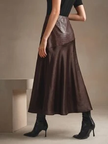 Modelyn Women's Elegant Textured Leather Asymmetric Patchwork Satin Draped Skirt - Coffee Brown - View 2