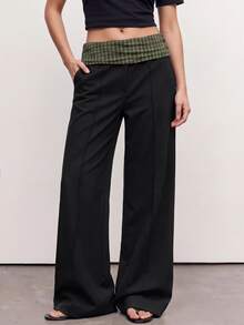 Avantive Women's Waist Patchwork Plaid Wide Leg Loose Long Pants - Multicolor - View 4