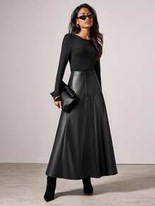 COSMINA Rok Wanita Bahan PU Hitam Elegan Minimalis Serbaguna untuk Perjalanan Musim Gugur/Dingin - Hitam - View 4