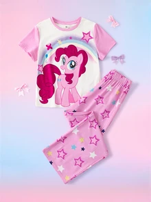 My Little Pony X SHEIN Set Pakaian Tidur Rumah Kasual Sehari-hari untuk Remaja Perempuan: Atasan Lengan Pendek dan Celana Panjang Motif Kartun - MultiWarna - View 1