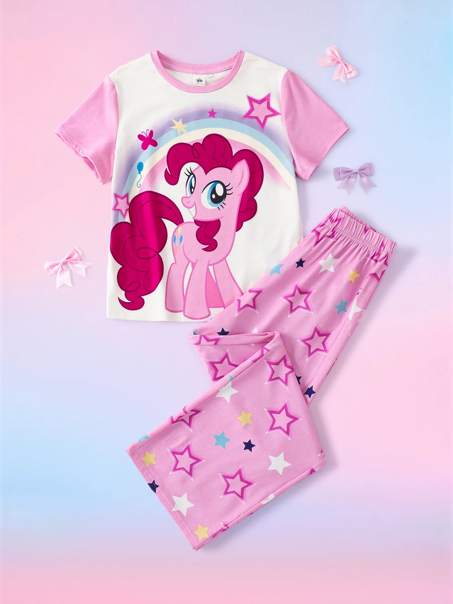 My Little Pony X SHEIN Set Pakaian Tidur Rumah Kasual Sehari-hari untuk Remaja Perempuan: Atasan Lengan Pendek dan Celana Panjang Motif Kartun - MultiWarna - View 1