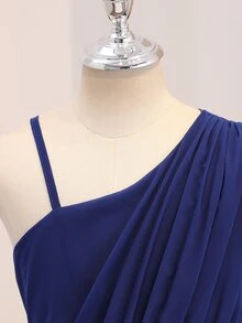 女童優雅休閒奢華海軍藍花卉雪紡單肩修身晚禮服，適合派對、花童、伴娘，正式秋季穿著 - 藏蓝色 - 查看 8