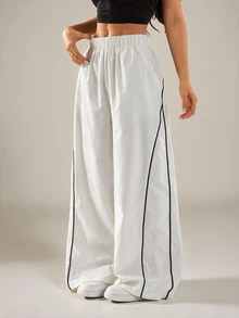 SHEIN PETITE Women's Autumn/Winter Street Style Vintage Holiday Outing Back To School Basic Black Wide Leg Pants, Essential For Daily Wear - White - View 3