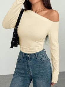 Flirla 黑色不對稱單肩抓皺腰身修身長袖時尚極簡休閒風女款秋季連身衣 - 杏色 - 查看 3