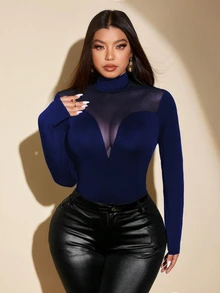 NU&NOW 大尺碼女款純色網紗長袖小立領修身T恤，適合春季與秋季穿搭 - 藍色 - 查看 1