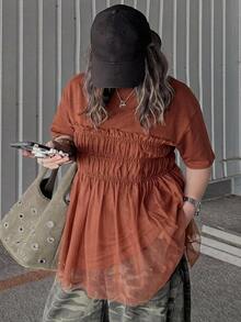 Dazy Plus Solid Color Contrast Mesh Doll Blouse Cute Pullover Short Sleeve Spring Summer Autumn T-Shirt - Brown - View 6