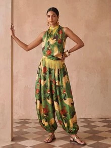 Zivah Women's Floral & Crane Print Halter Top And Long Pants Casual Cover-Up Set - Multicolor - View 7