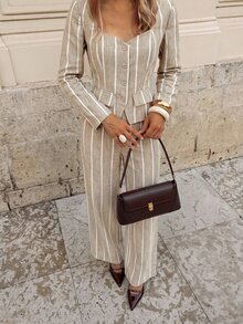 SHEIN Frenchy Women's Button-Up Striped Shirt And Loose Pants Business Suit - Apricot - View 3